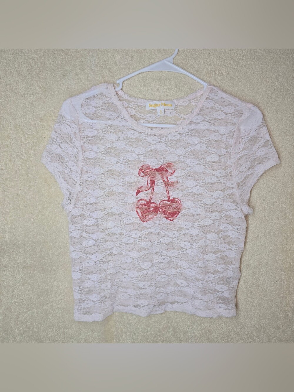 Juniors' Sugar Moon Short Sleeve Lace Cropped Tee Festival Bloom Pink Size XL